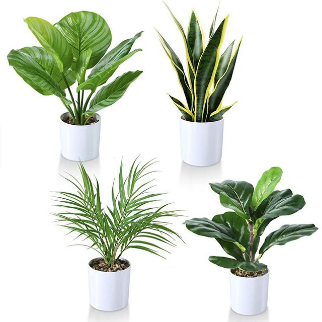 Kazeila Set of 4 Mini Potted Fake Plants,16 Inch Artificial Fiddle Leaf Fig Plant/Snake Plant/Areca Palm/Calathea Plant for Home Office Hotel Bookstore Cafe Modern Decoration