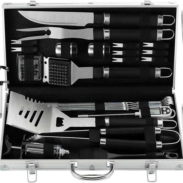 Grilljoy 24PCS BBQ Grill Tools Set with Meat Thermometer and Injector - Extra Thick Stainless Steel Fork, Spatula& Tongs - Complete BBQ Accessories in Aluminum Case - Perfect Grill Gifts for Men