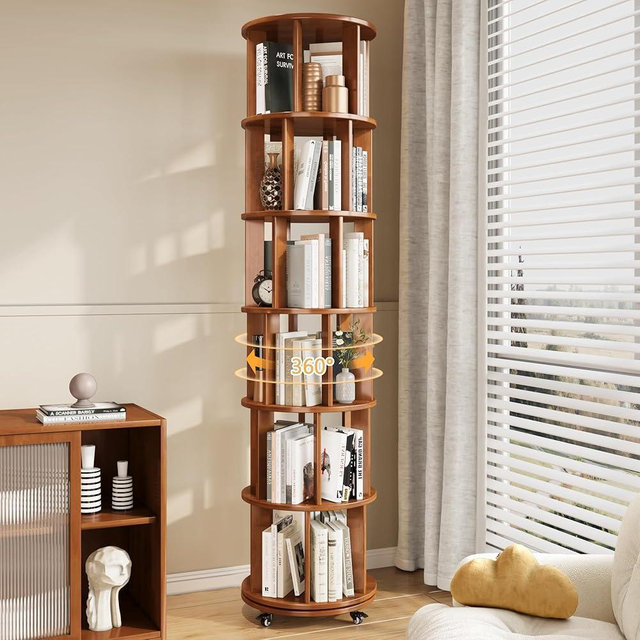 IUNVR 6 Tier Bookshelf Tower, 360° Solid Wood Spinning Bookcase with Swivel Wheels, Floor Standing Book Shelf for Small Space, Bookshelf for Home Office Study Room Bedroom Living Room