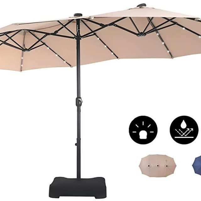 MFSTUDIO Outdoor Patio Table Umbrella with 36 LED Solar Lights, 15 ft Rectangular Large Double-Sided Market Umbrella with Stand Base & Crank, Beige
