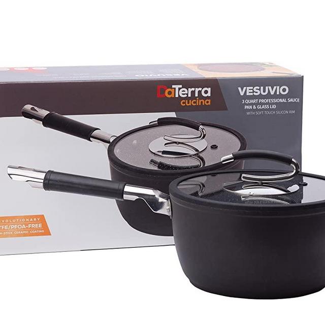 Vesuvio Ceramic Coated Nonstick Sauce Pan, 3 Quart | Heat Resistant Silicone Handle | Durable, High Heat Aluminum Base with No PTFE, PFOA, Lead or Cadmium | Oven & Dishwasher Safe | Made In Italy