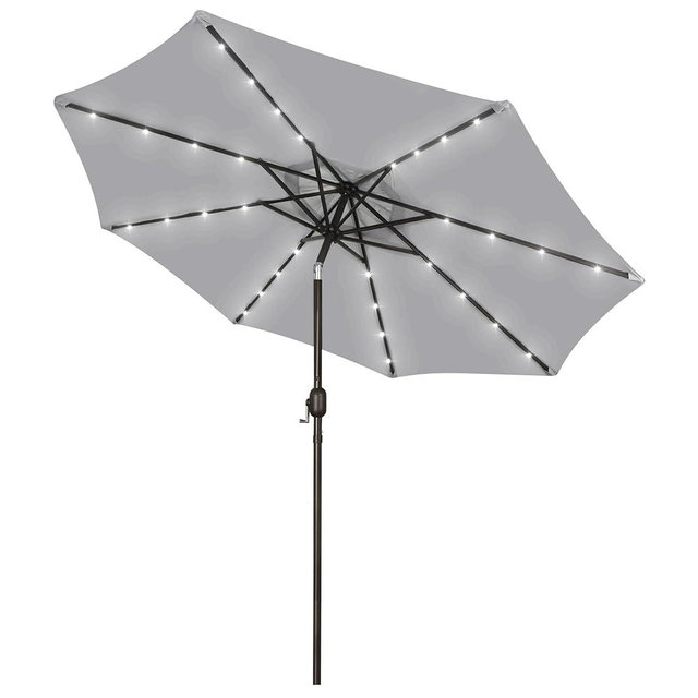 Blissun 9 ft Solar Umbrella, Patio Umbrella with 32 LED Lights, Table Market Umbrella, Outdoor Umbrella for Garden, Deck, Backyard (Light Grey)