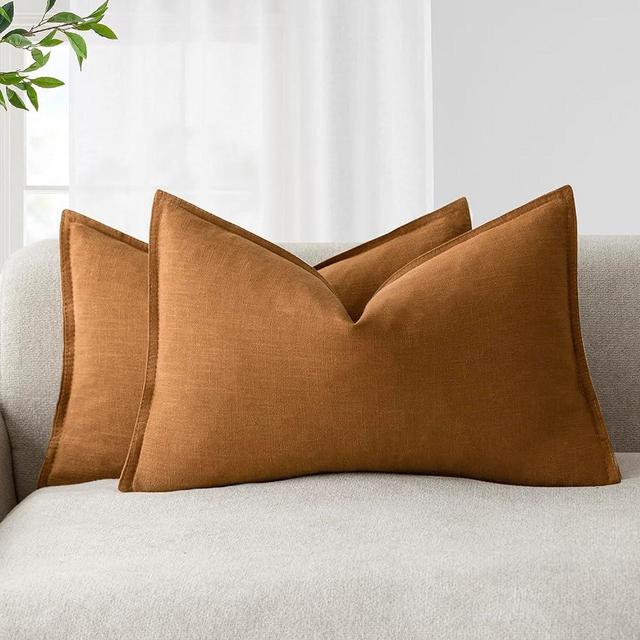 Foindtower Pack of 2, Decorative Linen Soild Throw Pillow Covers Neutral Farmhouse Pillowcase Soft Accent Lumbar Cushion Case for Couch Sofa Bedroom Living Room Home Decor Orange Brown 12 x 20 Inch