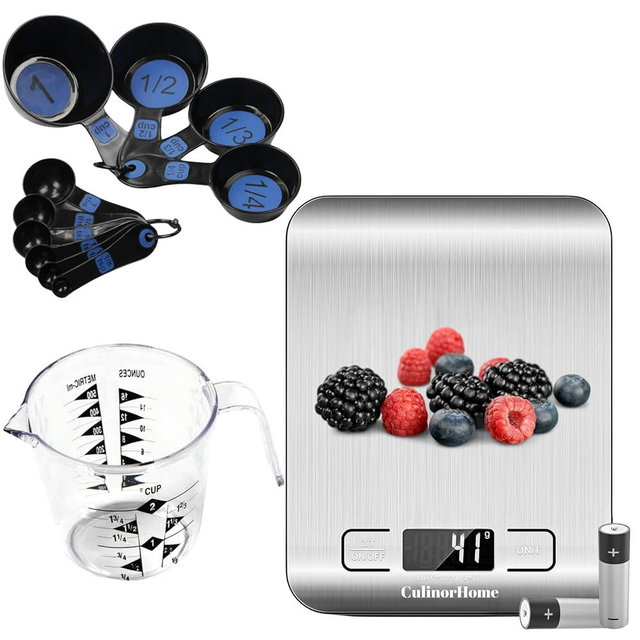 Wedding Registry Must Haves Items, Kitchen Essentials for First Apartment - Plastic Measuring Cups and Tablespoon & Teaspoon Spoons Set, 2cup Measuring Cup Bundle with Digital Kitchen Food Scale
