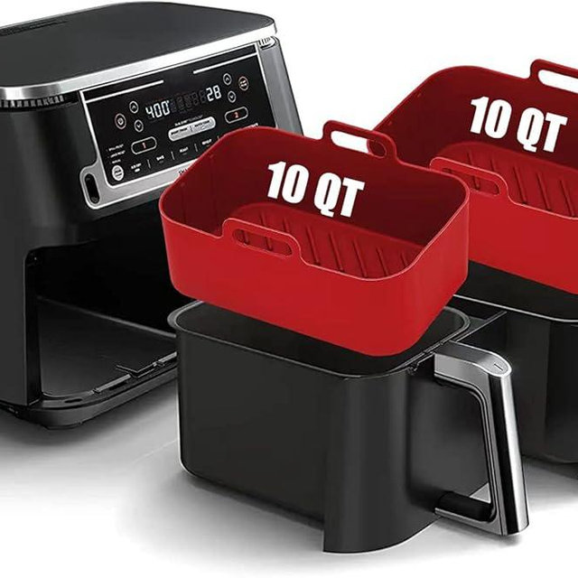10QT Air Fryer Silicone Liners for Ninja Dual Zone DZ401/DZ550/DZ302,for Ninja DoubleStack SL401/SL451,2PC Reusable Airfryer Baking Tray Replacement Basket for Cosori 9QT 8-in-1 Dual Air Fryer,Red