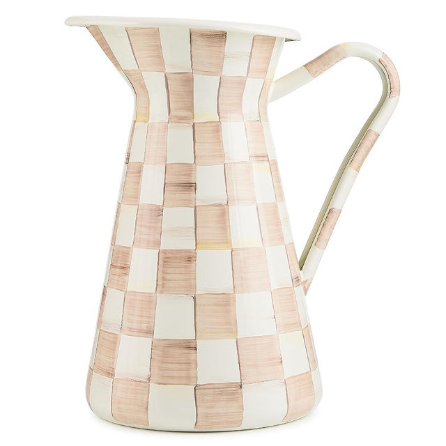 MACKENZIE-CHILDS Practical Enamel Pitcher with Spout, Drink Pitcher for Iced Tea or Water, Flower Vase, Large, Brown-and-White Mocha Check