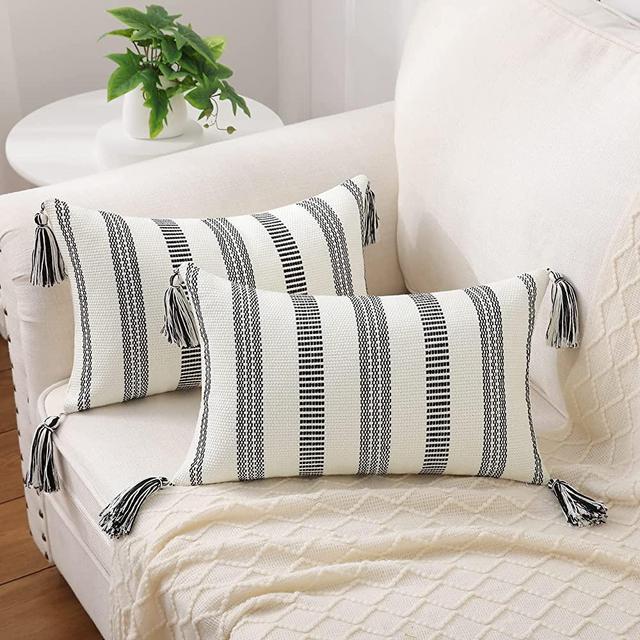 Smile Bee Boho Outdoor Throw Pillow Covers Set of 2, Decorative Woven Striped Pillow Covers with Tassels, 12x20 Inch, Black and Cream White