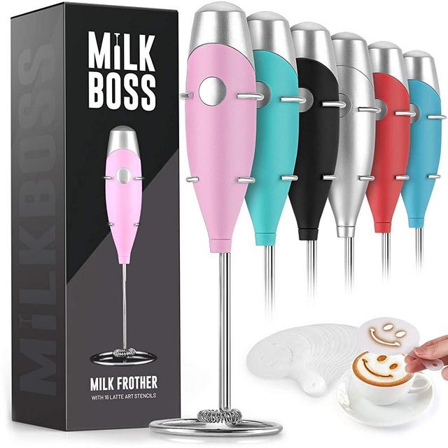 Milk Boss Mighty Milk Frother Handheld Whisk Mixer - Coffee Frother Electric Handheld Foam Maker & Frother For Coffee - Portable Electric Whisk With 16-Piece Stencils For Lattes, Matcha & More (Pink)