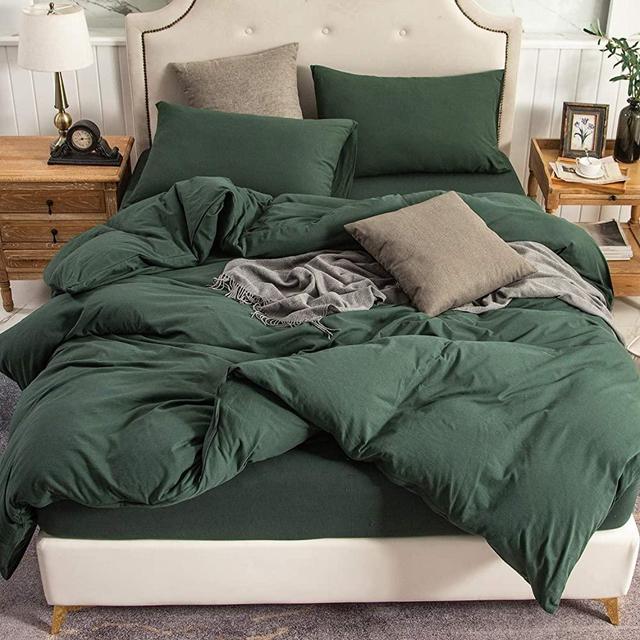 PURE ERA Jersey Knit Duvet Cover Set 100% T-Shirt Cotton Super Soft Comfy, Solid Blackish Green Queen, with Zipper Closure (3pc Bedding Set, 1 Comforter Cover + 2 Pillow Shams)