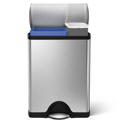 simplehuman 46 ltr Rectangular Step Trash Can with Dual Recycling Compartment Brushed Stainless Steel