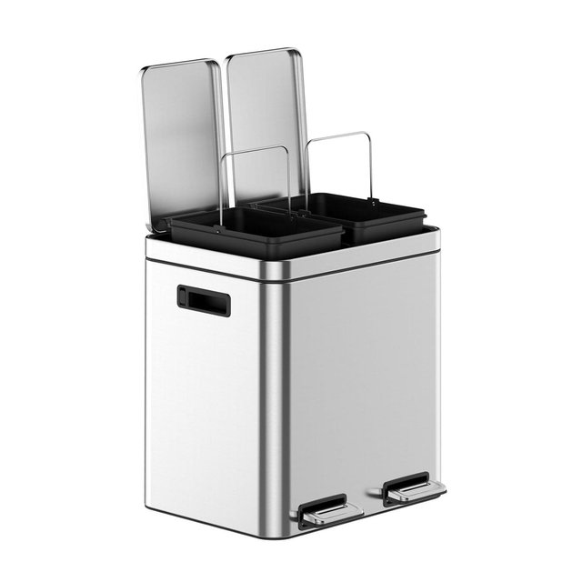 2 x 4 Gal Stainless Steel Dual Trash Can with Step-On Pedal, Soft Close Lid and Removable Inner Buckets, White Recycling Bin