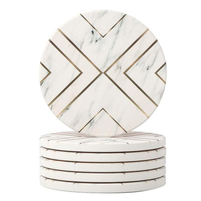 Lahome Geometric Design Coasters - Round Drinks Absorbent Stone Coaster Set with Ceramic Stone and Cork Base for Kinds of Mugs and Cups (White, 6)