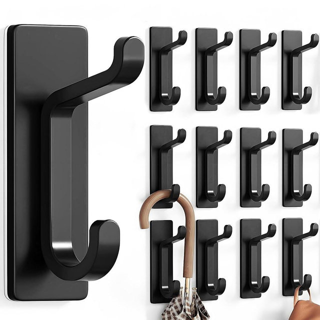 pickpiff 12 Pack Wall Hooks for Coat and Towel: 13LB Adhesive Door Hanger Stick on, Black