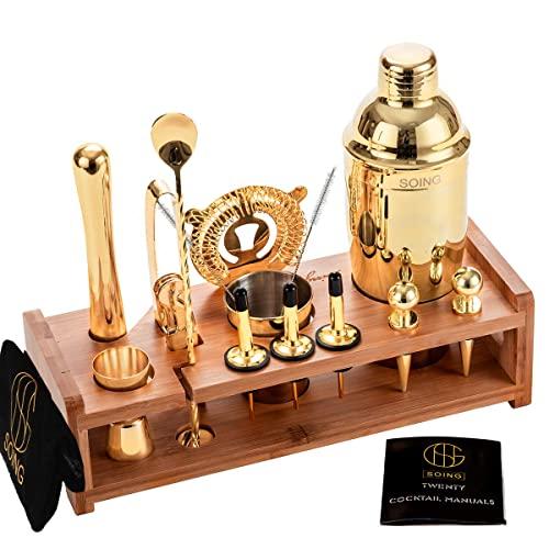 Gold 24-Piece Cocktail Shaker Set Perfect Home Bartending Kit for Drink Mixing，Stainless Steel Bar Tools With Stand，Velvet Carry Bag & Recipes Included(Gold)