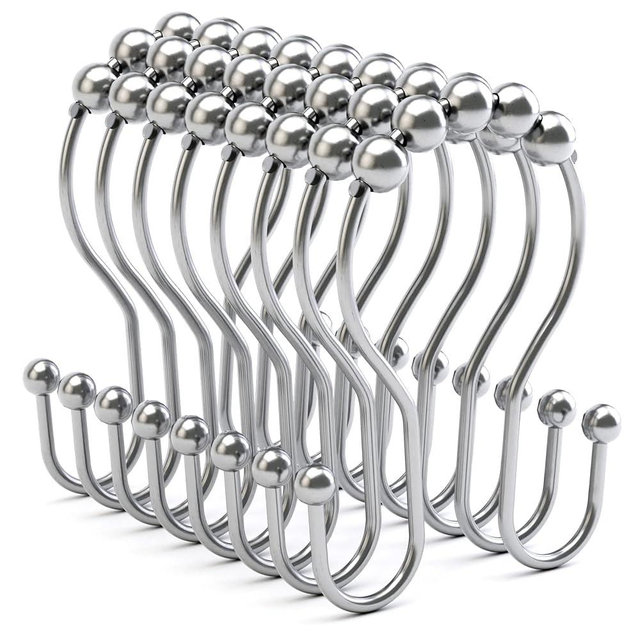 Bathway Shower Curtain Rings Shower Curtain Hooks Rust Proof Balanced Smooth Glide Double Shower Curtain Hooks, Chrome Shower Curtain Hooks, Shower Hooks for Shower Curtain, 12 Pcs