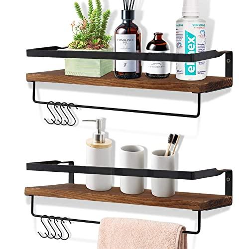 OurWarm Floating Shelves for Wall Set of 2, Rustic Wood Wall Mounted Storage Shelves for Bathroom, Kitchen, Bedroom, Living Room with 2pcs Removable Towel Bar and 8 Hooks