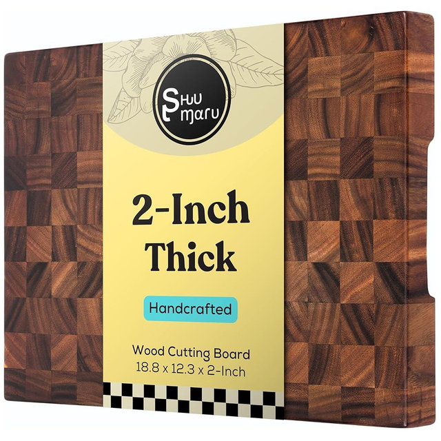 Shumaru Butcher Block Cutting Board - [18.8" x 12.3" x 2"], End-Grain Tropical Walnut Kitchen Chopping Block with Non-Slip Feet, Built-in Handles