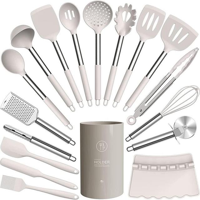 Silicone Cooking Utensils Set - Heat Resistant Kitchen Utensils,Turner Tongs,Spatula,Spoon,Brush,Whisk,Pizza Cutter,Graters.Gadgets.Khaki Cooking Utensil for Nonstick Cookware.Dishwasher Safe