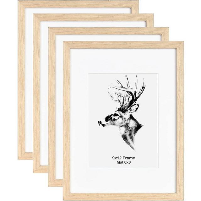 Yaetm 9x12 Oak Picture Frame with Mat for 6x8 Set of 4, Solid Natural Wood Photo Frames with Tempered Glass, 9 by 12 Wooden Picture Frames for Horizontal and Vertical Wall Mounting (4 Pack, Oak)