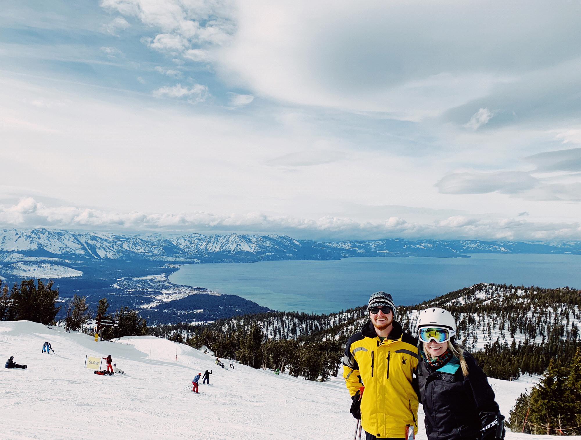 Skiing in fresh snow in Lake Tahoe.