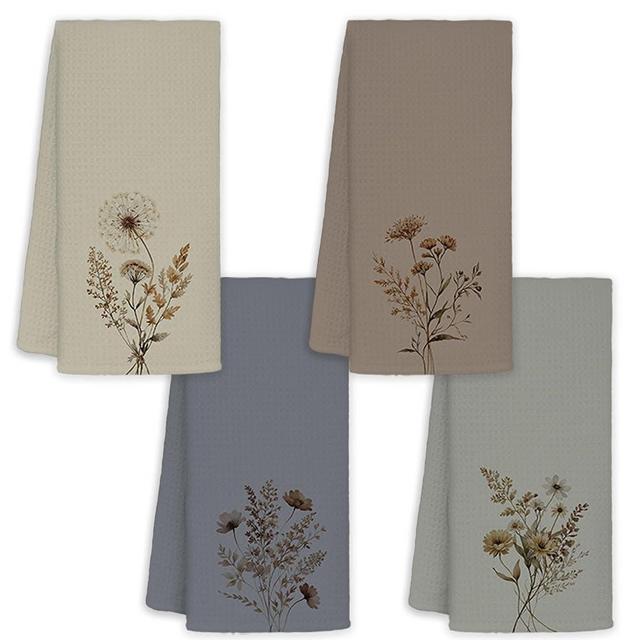JINYO Vintage Boho Neutral Wildflower Hand Towels for Bathroom Set of 4, Neutral Botanical Decorative Towels for Kitchen Spa Guest Bathroom Decor, Wildflower Decor Dish Tea Towels, 16x24 Inch