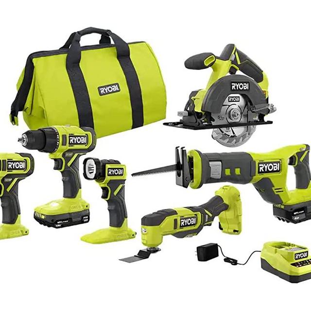 RYOBI ONE+ PCL1600K2 18V Cordless 6-Tool Combo Kit with 1.5 Ah Battery, 4.0 Ah Battery, and Charger