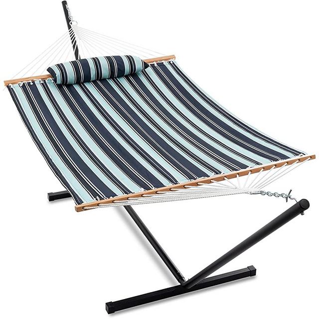 Gafete Large Two Person Hammock with Stand Included Heavy Duty Portable Cotton Double Hammocks with Hardwood Spreader Bar Soft Pillow for Patio Outdoor 450lb Capacity ( Blue )