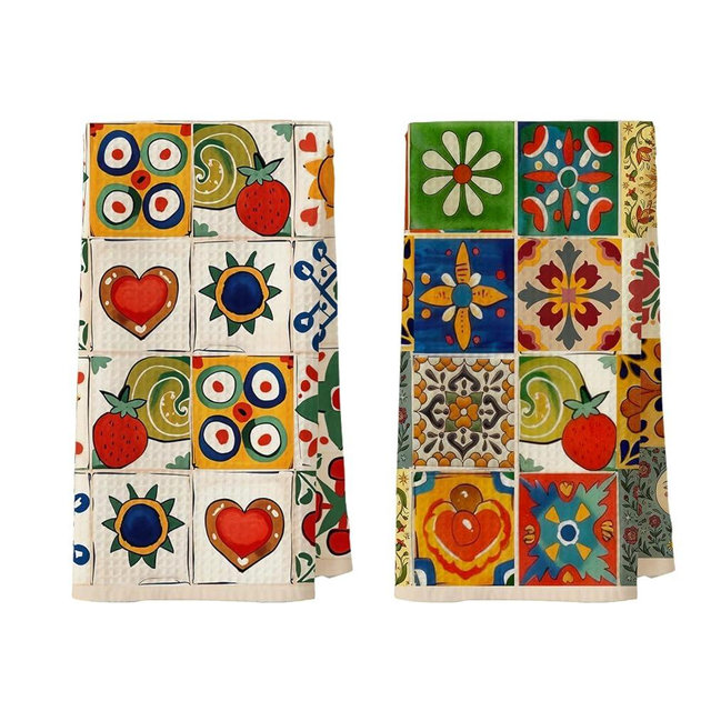 Nihilform 2-Pack Spanish Kitchen Towels, Mediterranean Colorful Tile Pattern Waffle Towels 16x24 Inch, Floral & Fruit Dish Towels Decor for Kitchen, Spanish Inspired Hand Towel for Bathroom Decor.
