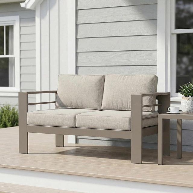 Wisteria Lane Metal Patio Furniture Sofa, All-Weather Outdoor Couch with Upgraded Cushions, Weather-Resistant Heavy Duty Modern Outdoor 2 Seats Sofa for Garden, Balcony, Deck, Backyard, Kahki Gray