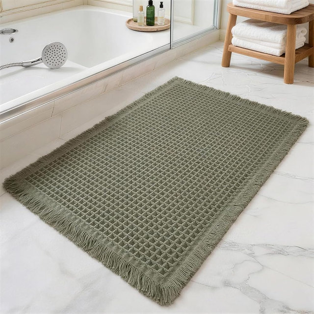 ZVFFDG Waffle Bathroom Rugs, Large Non Slip Absorbent Waffle Knit Bath Mat for Shower Floor, Tub and Bathroom Door, Ultra Soft Quick Dry, Olive Green, 24"x36"