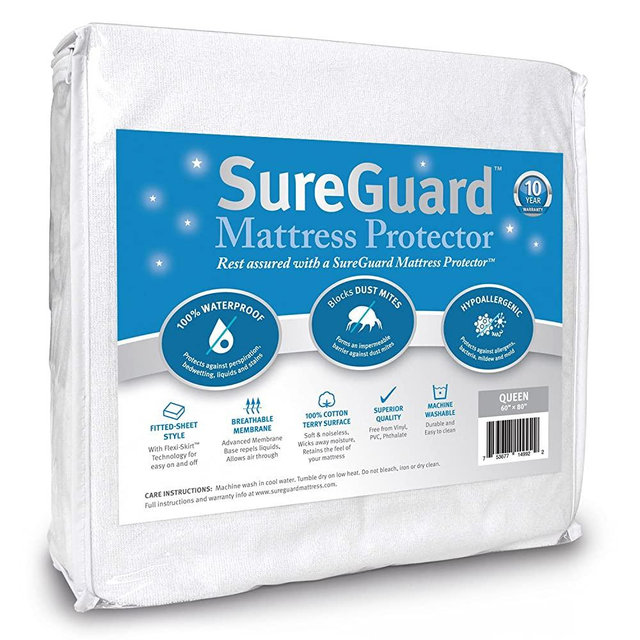 SureGuard Queen Size Mattress Protector - 100% Waterproof, Hypoallergenic - Premium Fitted Cotton Terry Cover - 10 Year Warranty