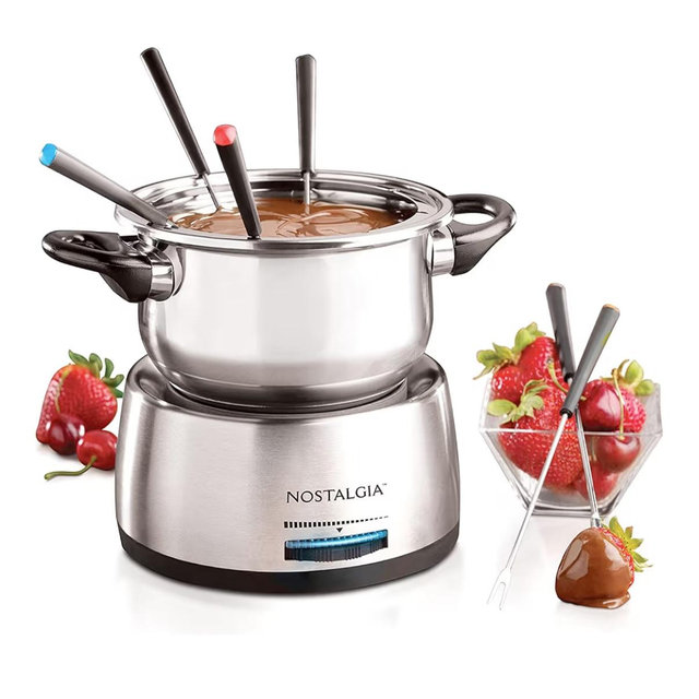 Nostalgia 6-Cup Electric Fondue Pot Set for Cheese & Chocolate - 6 Color-Coded Forks, Temperature Control - Stainless Steel Kitchen Gadgets and Appliances for Hors d'Oeuvres and More - Stainless Steel