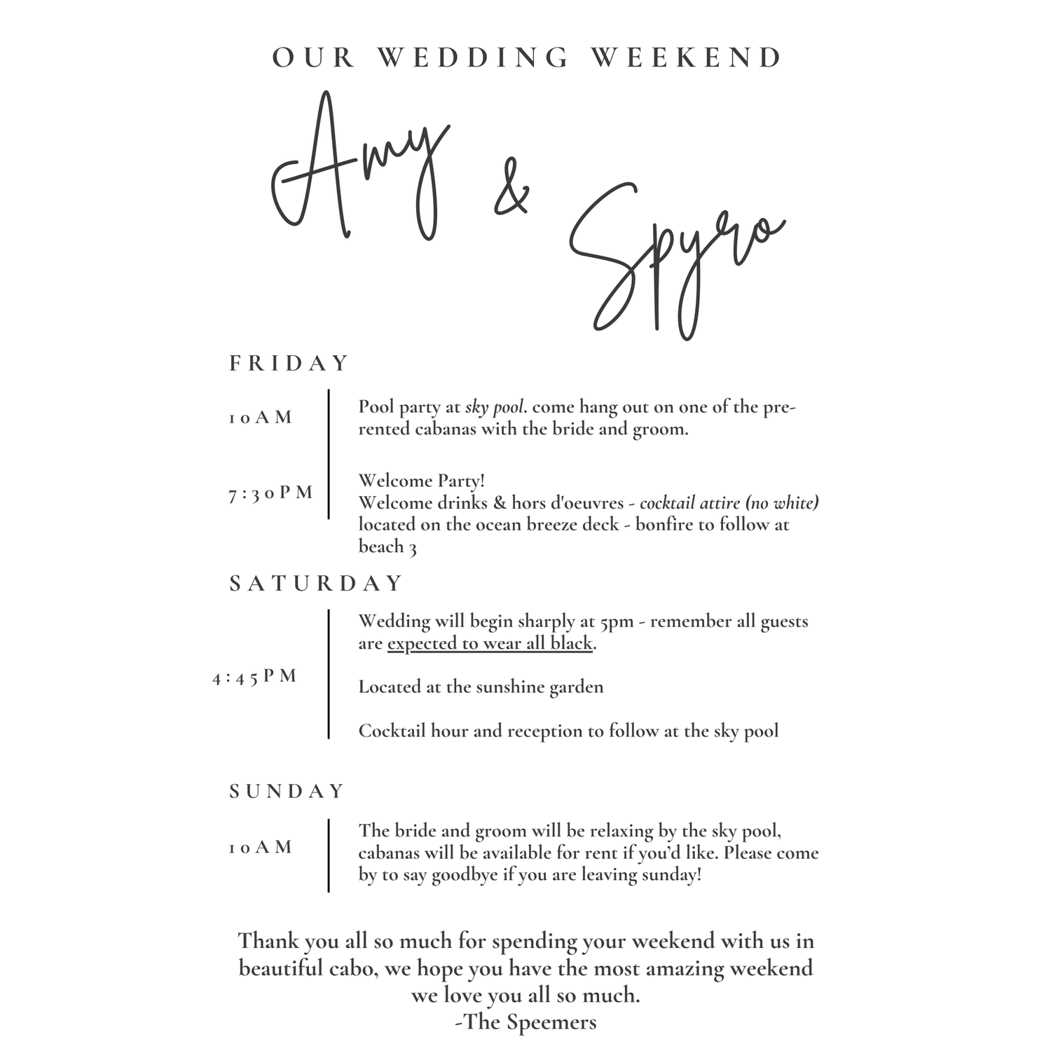 Wedding weekend schedule