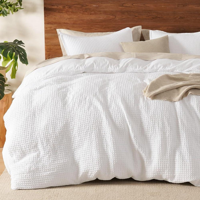 David's Home Waffle Weave Duvet Cover Set Queen Size,Soft Breathable 3pcs Comforter Cover Set with 2 Pillowcases,Textured Home Decor Bedding Set Cozy for All Seasons, White 90"×90",No Comforter