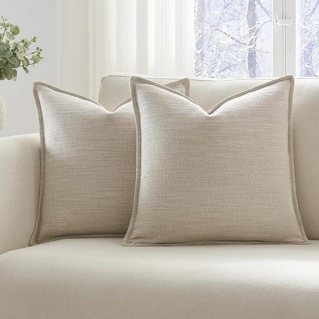 Meekio Set of 2 Light Beige Pillow Covers 20 x 20 inches Flange Edge Pillow Covers Textured Throw Pillow Covers for Neutral Home Decor