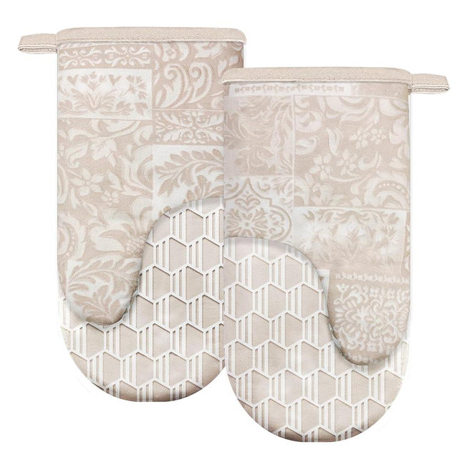 Alselo Thumb Oven Mitts, Heat and Slip Resistant Silicone Kitchen Mittens 2-Pack Set, Khaki Patchwork Flower Soft Long Oven Gloves, Flexible Thick Potholders for Safe Baking Cooking and Grill(Khaki)