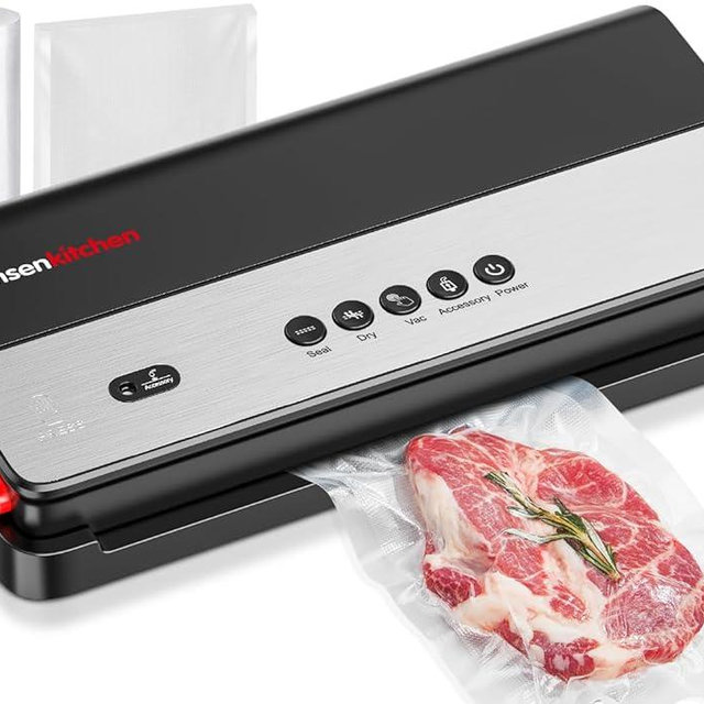 Bonsenkitchen Vacuum Sealer, Multi-Functional Food Sealer with 1 Roll Bag+ 5 Bags, Bag Storage | Built-in Cutter, Black-Silver