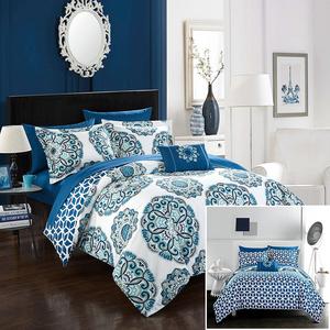Chic Home Barcelona 8 Piece Reversible Comforter Set, King, Blue, 8