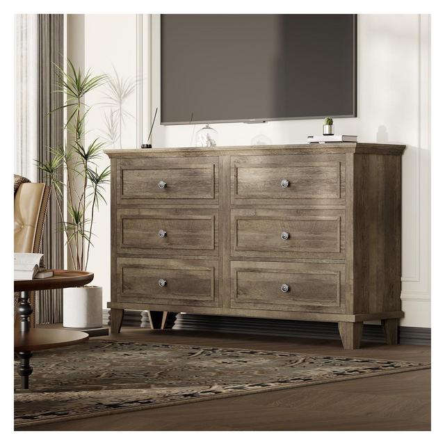 6 Drawer Dresser, Wide Wooden Storage Chest with Exquisite Metal Handles, Modern Large Drawer Organizer & TV Stand for Bedroom, Living Room, Grey