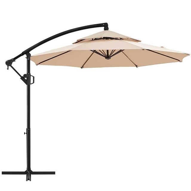 BLUU 10 FT Patio Offset Umbrella Outdoor Cantilever Umbrella Hanging Umbrellas, Fade Resistant Crank & Cross Base (Beige, 10 FT-2Tiers)