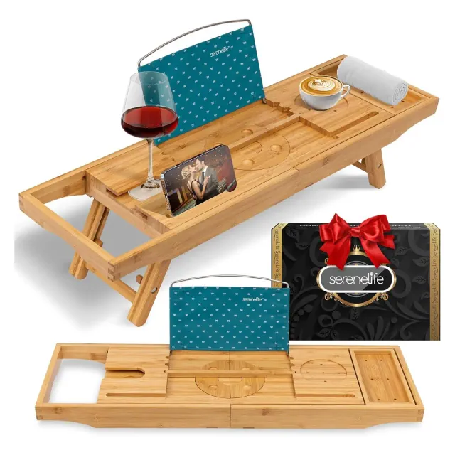SereneLife Bamboo Bathtub Caddy Tray with Adjustable Length & Soap Box - Natural Lacquer Coating, Expandable up to 43"