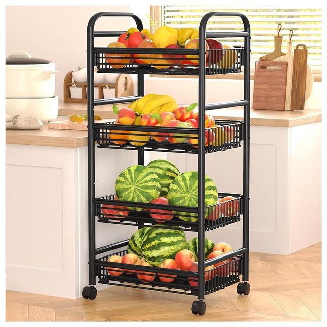 caktraie Fruit Basket for Kitchen, 4 Tier Rolling Cart, Fruit and Vegetable Storage Cart, Utility Cart with 4 Wire, FWire Storage Basket with Wheels for Home, Kitchen-Black