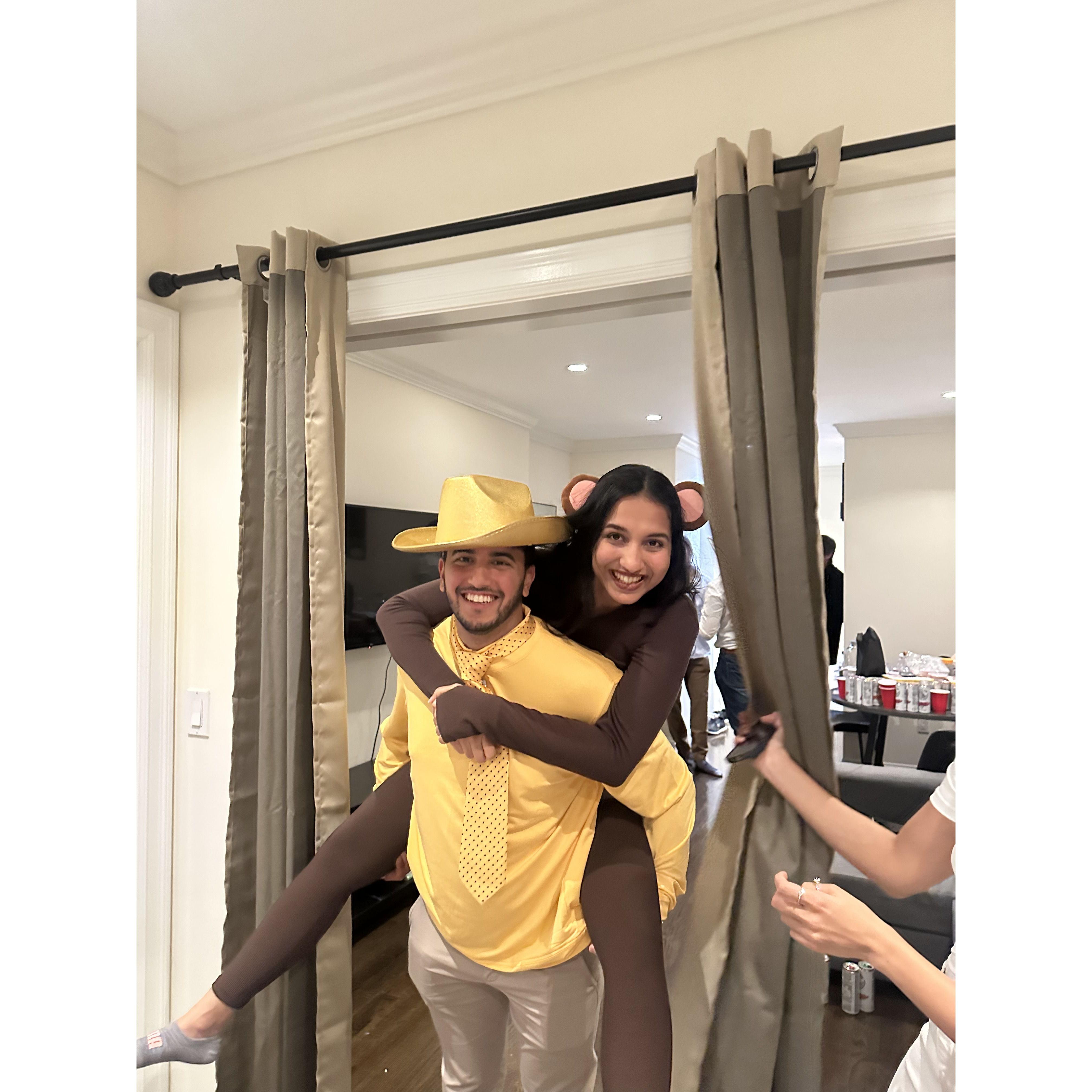 Dressing up as Curious George and the Man in the Yellow Hat for Halloween 2023