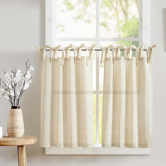 jinchan Kitchen Curtains 24 Inch Length Striped Tie Top Linen Tier Curtains Short Curtains for Living Room Bedroom Bathroom Farmhouse Light Filtering Rod Pocket Cafe Curtains 2 Panels Beige
