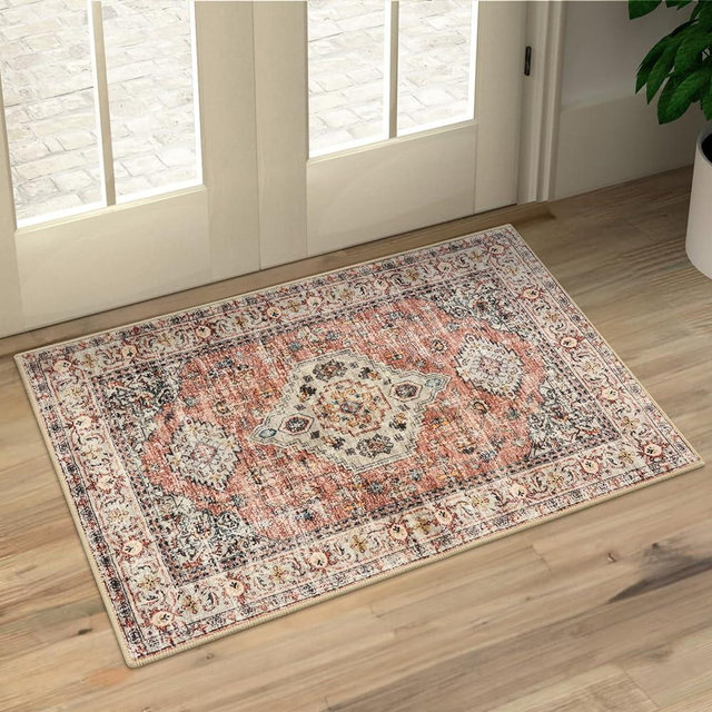 Lahome Oriental Entryway Rugs Indoor, 2x3 Rugs for Entryway Soft Small Kitchen Rugs Non Slip Washable, Ultra-Thin Vintage Door Mat Indoor Entrance for Bedroom Bathroom (2x3ft,Peach/Orange)