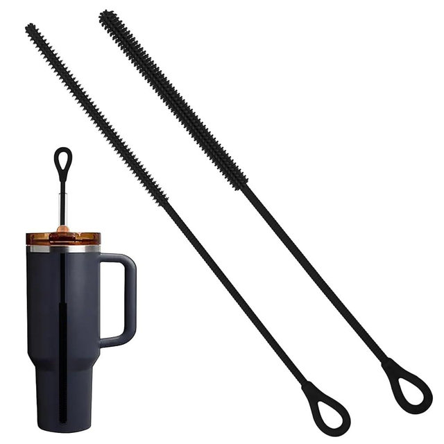 Cabipeove 2Pcs Silicone Straw Cleaner Brush, 9.84in Reusable Straw Cleaner with Bendable Steel Core, Extra Long Soft Bottle Brush for Clearing Glass Straws, Smoothie Straws, 9mm&6mm (Black)