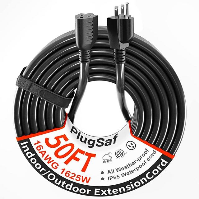 Black Outdoor Extension Cord 50 ft 16/3 Guage Waterproof, Cold Weatherproof -58°F, Flame Retardant, Flexible 3 Prong Heavy Duty Electric Cord for Lawn Office,13A 1625W 16AWG SJTW, ETL Listed PlugSaf