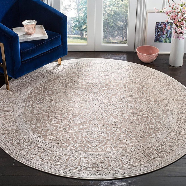 SAFAVIEH Reflection Collection Area Rug - 6'7" Round, Beige & Cream, Non-Shedding & Easy Cleaning, Ideal for Living Room, Bedroom (RFT670A)