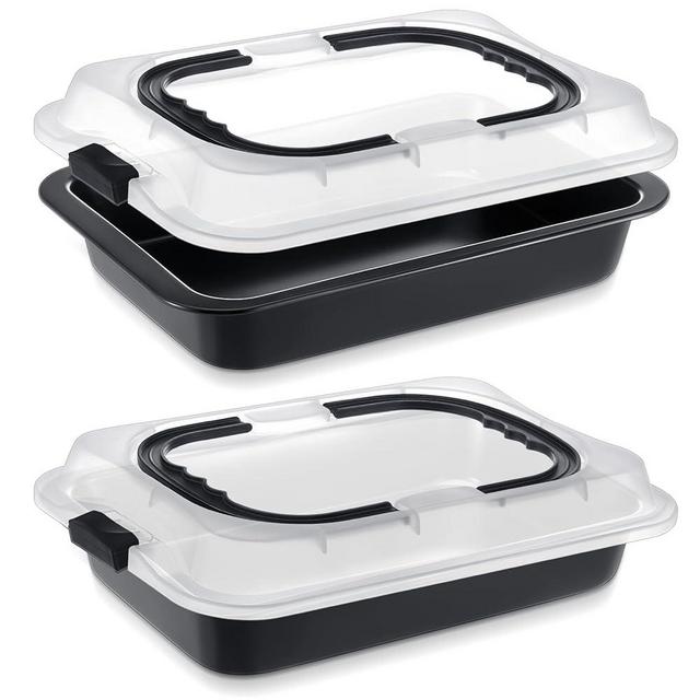 Qinyoung 2 Pcs Cake Baking Pan with Lid and Handle, 9 x 13 Inch Non-stick Cake Pan, Rectangle Sheet Cake Pan Carrier for Sheet Cake Brownie Roasting Cooking Baking Pan and Lids Set