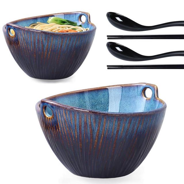 STE-CER Ceramic Ramen Bowl with Chopsticks and Spoons Set, 6.7 Inch Noodle Bowl Set for Pho Udon Soba, Set of 2 (Sky Blue)